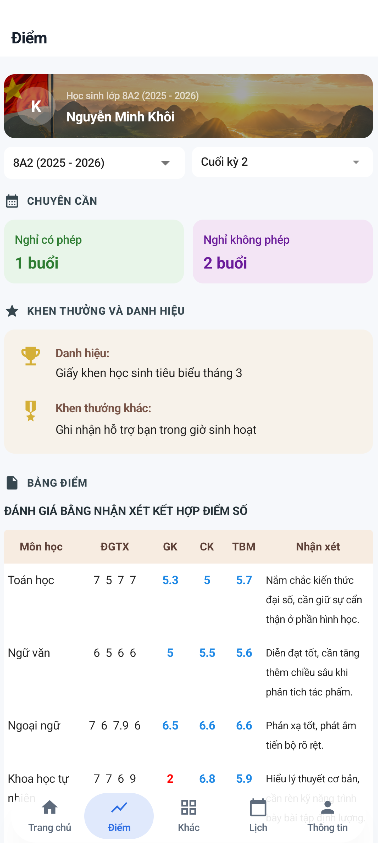 Giao diện ứng dụng KiyoEdu trên điện thoại - Bảng điểm điện tử học sinh