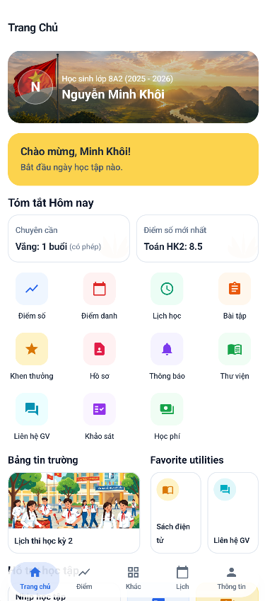 Giao diện ứng dụng KiyoEdu trên điện thoại - Tổng quan học tập hôm nay