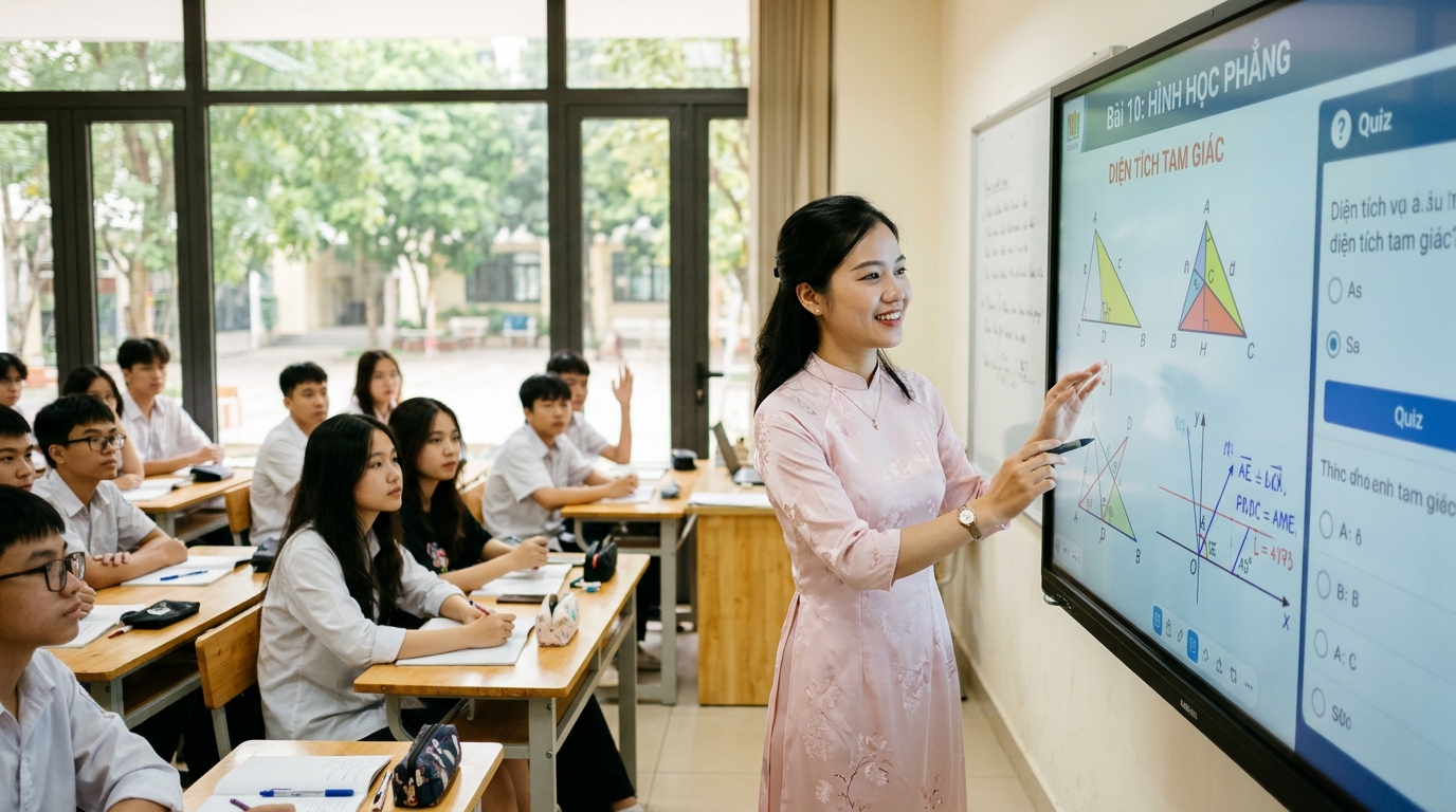 Cô giáo giảng dạy trên màn hình tương tác